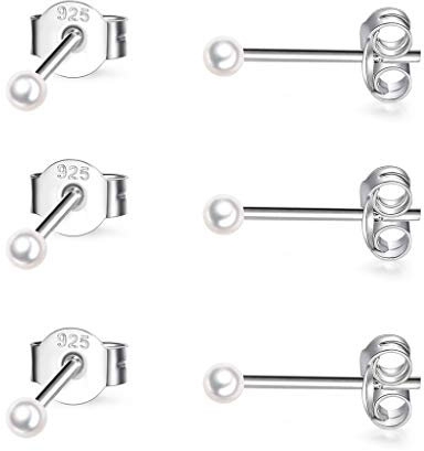 CERSLIMO 3 Pairs Sterling Silver Stud Earrings for Women Girls 2mm Tiny Pearl Stud Earrings Set Cartilage Small Tragus Earrings for Sensitive Ears