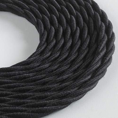 Klartext – Cable textil trenzado luminoso para iluminación, 3 x 0,75 mm, algodón negro, 3 m. Atención: cable tierra incluido. Máxima seguridad a prueba de golpes.