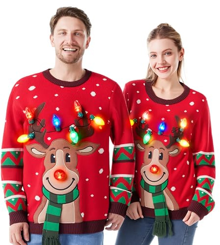 JOYIN LED Light Up Reindeer Ugly Womens Christmas Jumper Built-in Light Bulbs Red Xmas Sweater Top (L)