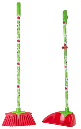 Vigar Kids - Escoba y Recogedor Infantil - Modelo con Flores y Mariquitas - 22 x 16 x 77,5 cm - Set de Juguetes de Limpieza del Hogar - Verde y Blanco