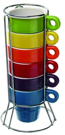 Paxanpax PSA462_09 Stackable Set of 6 Espresso Ceramic Mugs & Stand for Senseo Coffee Machines, 60 milliliters, Multi-Colour