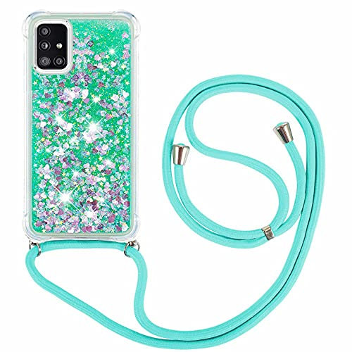 FMPCUON Coque Samsung Galaxy A51 5G Glitter Liquide Collier pour Téléphone Portable avec Cordon - Lanyard Paillettes Flowing Sand Silicone Gel TPU Housse avec Smartphone Collier Étui, Vert