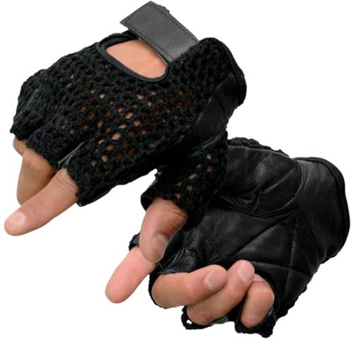Milwaukee Leather SH219 Men’s Black Leather and Mesh Fingerless Gloves w/ Padded Palm (Large)