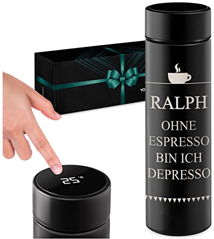 Maverton Thermobecher Kaffeebecher 450 ml - Isolierbecher personalisiert - 100% dicht - Led Temperatur Anzeige - aus Edelstahl - Geschenk für Männer - schwarz - Espresso
