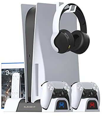 ElecGear PS5 - Soporte Vertical, Ventilador de refrigeración, Doble Cargador estación de Carga, Controlador, Juegos de Almacenamiento, Soporte para Mando DualSense, Playstation 5 Media Remote y
