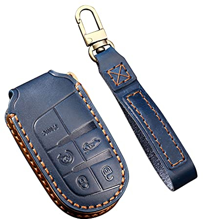 ontto Autoschlüssel Hülle Passt für?Jeep Renegade Grand Cherokee Dodge Ram 1500 Journey Charger Challenger Fernbedienung Cover Leder Schlüsselhülle Schlüsselanhänger Schlüssel Schutz Etui 5 Taste-Blau