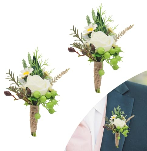CCUCKY 2 Stück weiße Ansteckblume für Herren, Hochzeitsblumen, Ansteckblume für Abschlussball, Ansteckblume für Männer und Trauzeugen (Weiß-A)