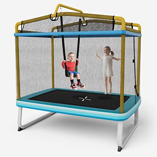 COSTWAY 3 in 1 Kids Trampoline, 6FT Mini Toddler Trampolines with Swing, Horizontal Bar and Enclosure Safety Net, Rectangle Trampoline for Outdoor Indoor (Blue + Yellow)
