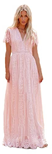 Pulcykp Robe longue bohème avec col en V profond et dentelle ajourée pour femme