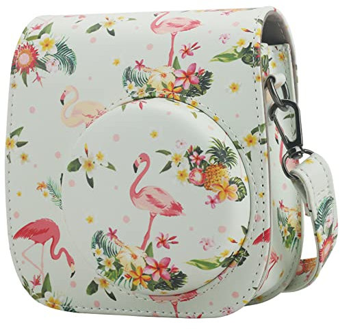 Frankmate Étui de protection compatible avec Mini 12 11 9 8 caméra instantanée avec poche pour accessoires et sangle réglable, Flamant rose floral, Sac à bandoulière