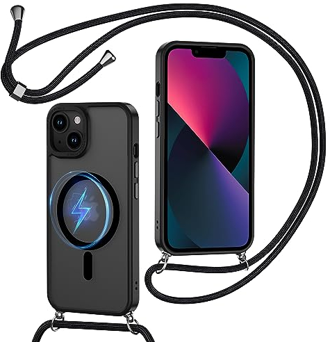 XTCASE Mobile Phone Chain for iPhone 13, Case with Strap, Magnetic Mobile Phone Case Compatible with Magsafe, Matt Translucent, Scratch-Resistant PC Back + TPU Bumper Case with Hangers, Black