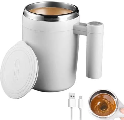 Taza, autoagitadora, recargable por USB, taza de agitación automática, 380 ml, taza de café con tapa, para casa, oficina, viajes (blanco marfil)