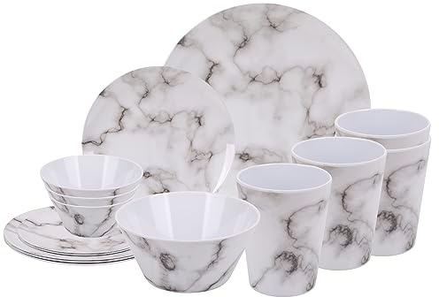 Neel Blue 16-Piece Dinnerware Set Melamine Plates - Marble Design
