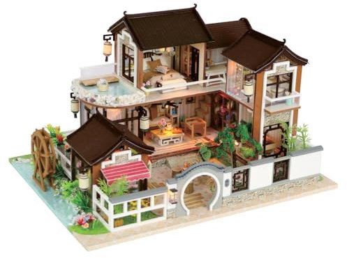 Crafts&Co® DIY Miniature Haus mit Möbeln | DIY Puppenhaus Erwachsene | Hölzernes Puppenhaus-Kit | Holz Mini Haus Modell mit Licht | 1:18 | Nostalgisches Dorf