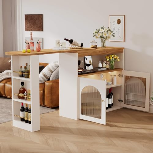 Ausziehbarer Bartisch Esstisch mit Stauraum, Hausbar Theke mit 1m langem L-/ED Lichtstreifen(Einstellbare Lichtfarbe), Tresentisch, Küchentheke, Bartheke, Hausbar für Esszimmer, Weiß