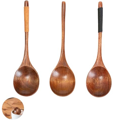 Set De 3 Cuillères En Bois - Petite, À Mélanger À Café, Créative À Soupe Asiatique Japonaise, Louche Pour Miel Poudre Confiture Lait (Ligne Brune, Ligne Noire)