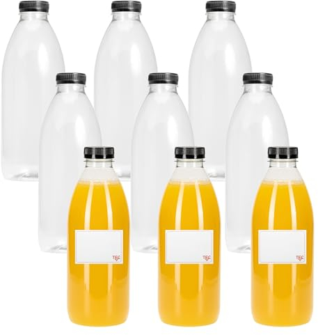 TEC Juice Bottles with Lids 1 Litre UK Made Empty 30% Recycled Clear PET Plastic Bottle Drink Reusable for Fridge Clear Water Milk Juicing Pack Multipack in Bulk Packs (48)