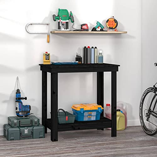Rantry Work Bench Black 80x50x80 cm Solid Wood Pine, Heavy Duty Workbench Table Workshop Shed Work Benches