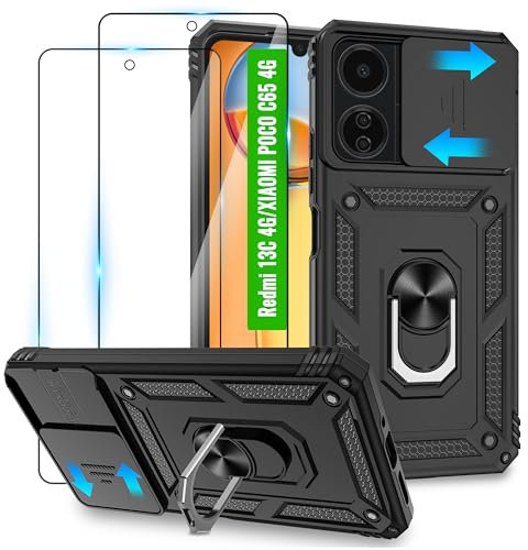 Jshru Handyhülle für Xiaomi Redmi 13C/ Xiaomi Poco C65 Hülle Militär Stoßfest Schutzhülle mit 2 Stück HD-Schutzfolie,360° Drehbarer Metall Ring Ständer Anti-Kratzer Case für Redmi 13C,Schwarz