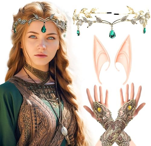 LaVenty 3er Set Grün Renaissance Elf Kostüm Spitze Handschuhe Renaissance Kopfschmuck Waldfee Krone Stirnband Elfenohren Elfe Renaissance Hochzeit Brautparty