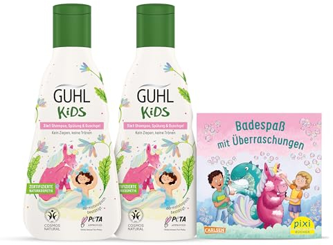 Guhl Kids Einhorn Vorteils-Set - 2x Guhl Kids 3 in 1 Shampoo, Spülung & Duschgel, 250ml + 1x Pixi Buch - Speziell für Kinder entwickelt - Kein Ziepen - Cosmos Natural zertifiziert