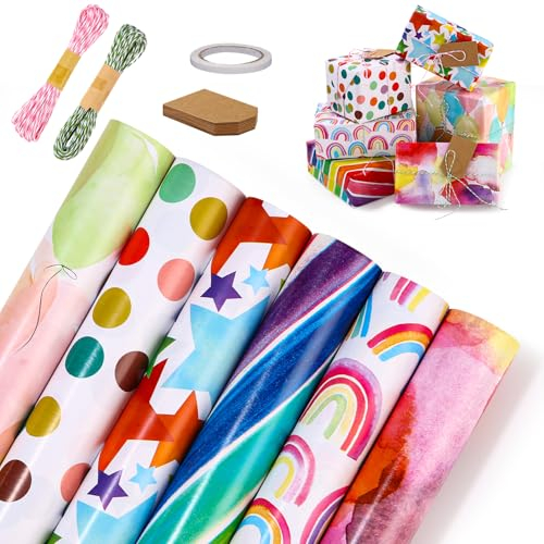 6 Rouleaux de Papier d'Emballage de Cadeau, Rouleau Papier Cadeau Noël, 43cm x 3m Coloré Papier Cadeau, Papier Cadeau Anniversaire, pour anniversaire, fête, mariage, Cadeau de Enfant
