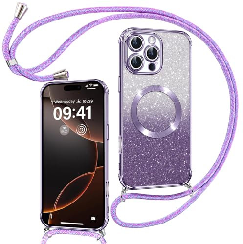 Phoona Couqe Magnétique pour iPhone 16 Pro Con Cordon, Compatible avec MagSafe, Brillant Glitter Pailleté Antichoc Durable Résistante Etui pour iPhone 16 Pro Bumper, Violet