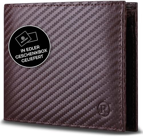 RUTAKO Leder Geldbörse Herren mit RFID Schutz - Portemonnaie Groß mit Münzfach - 12 Fächer - Geldbeutel für Männer - Brieftasche Wallet Portmonee Carbon-Braun