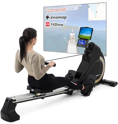 Hop-Sport HS-095R Rudergerät klappbar für zuhause – Rudermaschine mit Magnetwiderstand, LCD-Display, 12 Programmen, Wettkampfmodus und WATT-Funktion, bis 150kg (Gold)