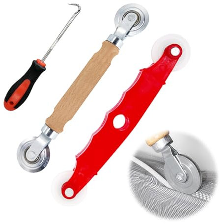 GisWell 3 pezzi di attrezzi retrattili, strumento per palo, strumento per spline roller mano con ruote in nylon e strisce di gomma, gancio per zanzariera, protezione dagli insetti, ricambio