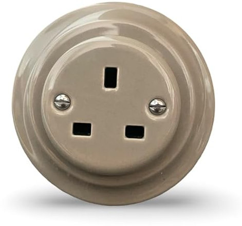 Miami Grey Porcelain Flush-Mounted UK Single Socket, Art Deco Style Ceramic Electrical Outlet, Unswitched