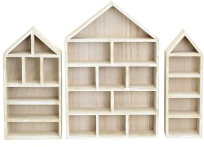 HGZHNAT 3pcs HöLzerne Haus Form Wand Regale Set, Display SchräNke FüR Miniatur-Sammlungen, Staubdicht Lagerung Halte-r Mi-NI Figuren Vitrine