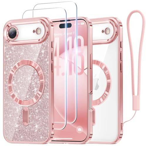 Meifigno Conçu pour iPhone Air 6,5, carte pailletée et dragonne, compatible avec MagSafe, 2 protecteurs d'écran HD, protection de lentille surélevée pour coque 17 Air, or rose