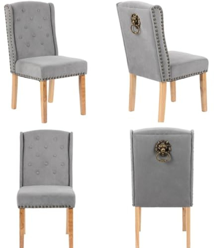 MILLIES DESIGN Set of 4 FRANCESCA Luxury Velvet Dining Chairs, Luxury Velvet Chairs 12 Button backrest, studded detailing, Lion head knocker, wooden legs (GREY VELVET)