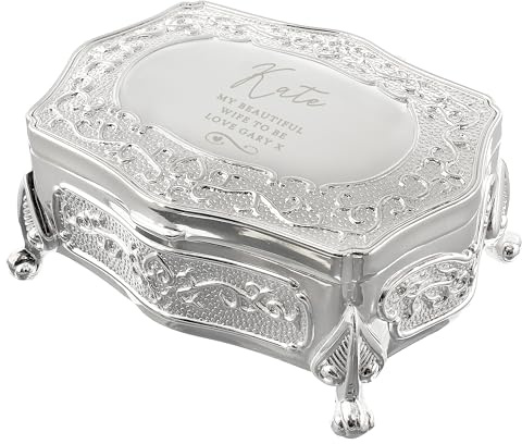 Personalised Custom Antique Style Small Silver Plated Jewellery Trinket Box | Swirls & Hearts Design - Gift Idea for Her - Engraved