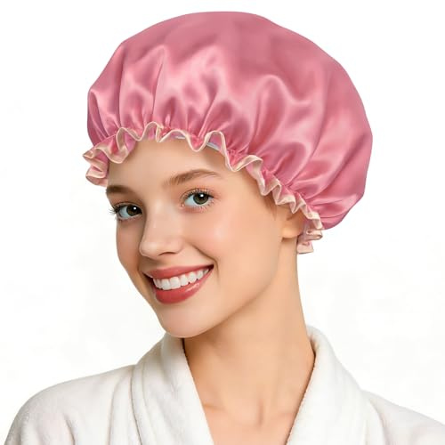 Double Layer Waterproof Shower Cap With Elastic Band, Reusable Bath Cap for Women -Large Waterproof Plastic Shower Hat for Long, Short and Curly Hairs Spa Salon (Blush Pink)