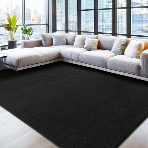 Teppich Wohnzimmer Groß 160x230cm Schwarz, Waschbarer Kurzflor Teppich | Flauschig Weich & Rutschfest, Einfarbiges, Modernes Design für Wohnzimmer, Kinderzimmer, Flur und Büro