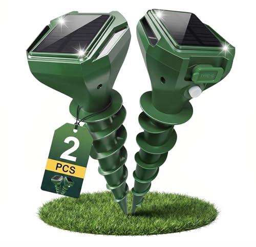 Maulwurf Vertreiber, Premium Solar wühlmausgift 2er Pack- USB & Solar Aufladung Wetterfest IP67 Ultraschall & Vibrations Maulwurfschreck gegen Maulwürfe und Wühlmäuse für Garten und Rasen