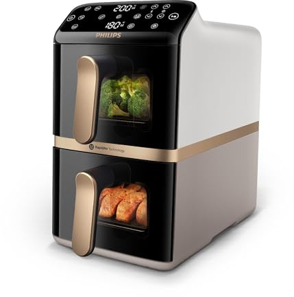 Philips Airfryer 4000 Series Stacked Dual Basket, Gestapelte Heißluftfritteuse mit 2 Körben, 10L, RapidAir Technologie, 45% weniger Platzbedarf, PFAS-freie Keramikbeschichtung, Sichtfenster (NA462/80)