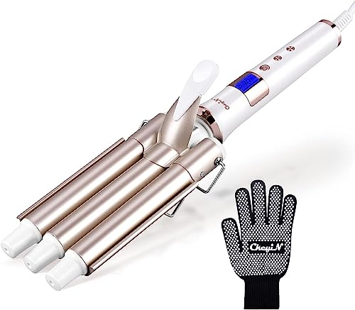 Lockenstab mit 3 Heizstäben (Halterung aus Metall + 1,7 m Kabel, 360° drehbar + Spannung: 110 – 220 V + 2 Temperatureinstellungen (170 °C / 220 °C) + Handschuh gegen Verbrennungen).