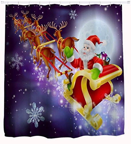 A.Monamour Weihnachten Ferienhaus Dekor Santa Claus Mit Schlitten Rentier Druck Polyester Wasserdicht Duschvorhänge Textil 180X200 cm / 72 X78