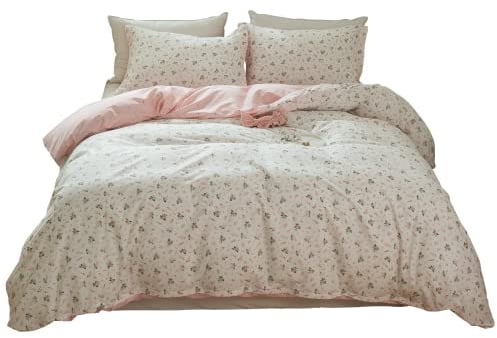 LifeTB Bettwäsche-Set aus Baumwolle, Blumenmuster, Queen-Size-Mädchen, rosa Blumen-Bettwäsche-Set, Garten-Stil, Baumwolle, Blumenmuster, rosa/weiß, Blumenzweig-Muster, Bettbezug mit Reißverschluss