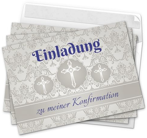10 x Einladungskarten Konfirmation mit Umschlag/Grau und Schick mit Blau/Konfirmationskarten/Einladungen zur Feier