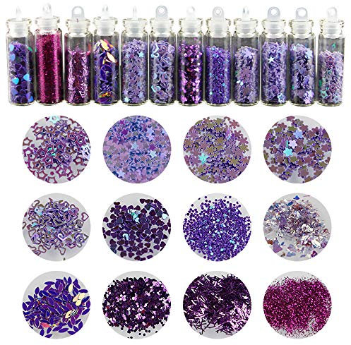 YOFASEN 12 Bottiglie Polvere Glitter per Decorazioni Set - Glitter Colorati Corpo Glitter per Capelli Nail Art Glitter Glitter con Paillettes Glitter Cosmetici, Viola