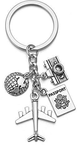 JOVIVI Mens Keychain Silver Plane/Passport/Camera/Earth/Travelling Charm Key Chain Ring DIY Accessories Car Keyring for Women Gifts
