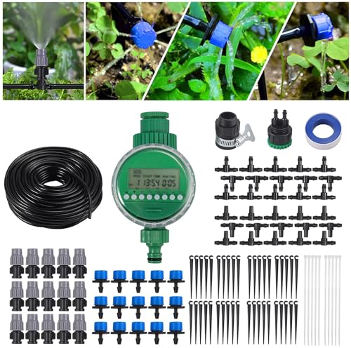 CAMWAY 110pcs Sistema de Riego Jardín de 25 m / 82 FT, Temporizador de Riego, el Regulador de Riego, Juego de Riego Automático de Jardín, Kit de Nebulizador para Invernadero, Jardín, Patio, Terraza