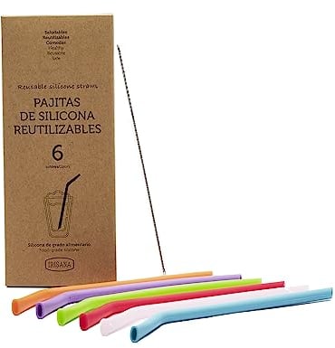 Irisana - Pajitas Reutilizables - Pack de 6 - Multicolor - Silicona sin BPA - Incluye Cepillo Limpiador - Aptas para Lavavajillas - Suaves y Flexibles