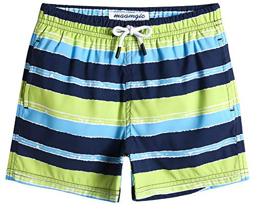 MaaMgic Badehose Jungen Sommer Badeshorts Schnelltrocknend Boardshorts mit Netzfutter Taschen und Verstellbarem Tunnelzug Urlaub Shorts Gestreift Blau Grün,3 Jahre
