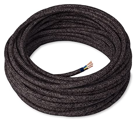 Amarcords - Cavo elettrico tessile colore CANVAS GRIGIO SCURO tondo lino 5 metri con messa a terra 3x075mm - Filo rivestito in tessuto colorato vintage per lampade lampadari applique e abat jour.