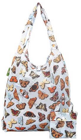 ECO CHIC Lightweight Foldable Reusable Shopping Bag | Water Resistant Shopping Tote Bag | Folds Into Attached Pouch for Storage | Made from Recycled Plastic Bottles (Wild Butterflies Blue)